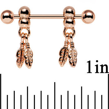 14G .94 Rose Gold Fair Weather Feather Dangle Nipple Ring Set