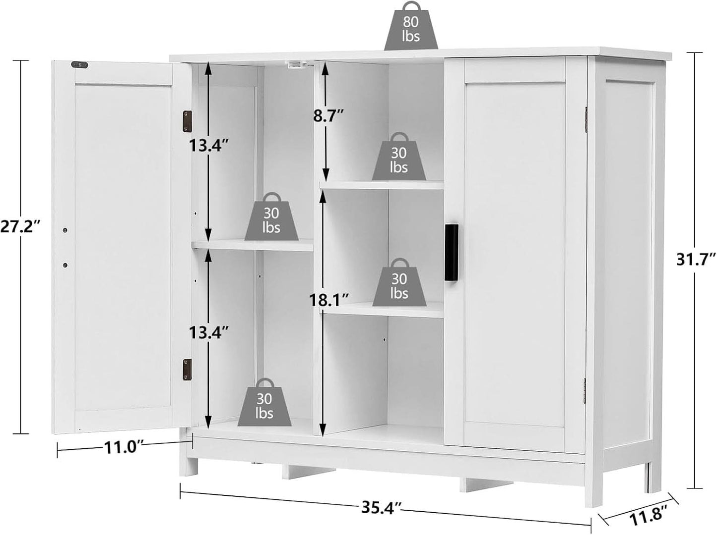 White Storage Cabinet With 2 Doors And 4 Adjustable Shelves