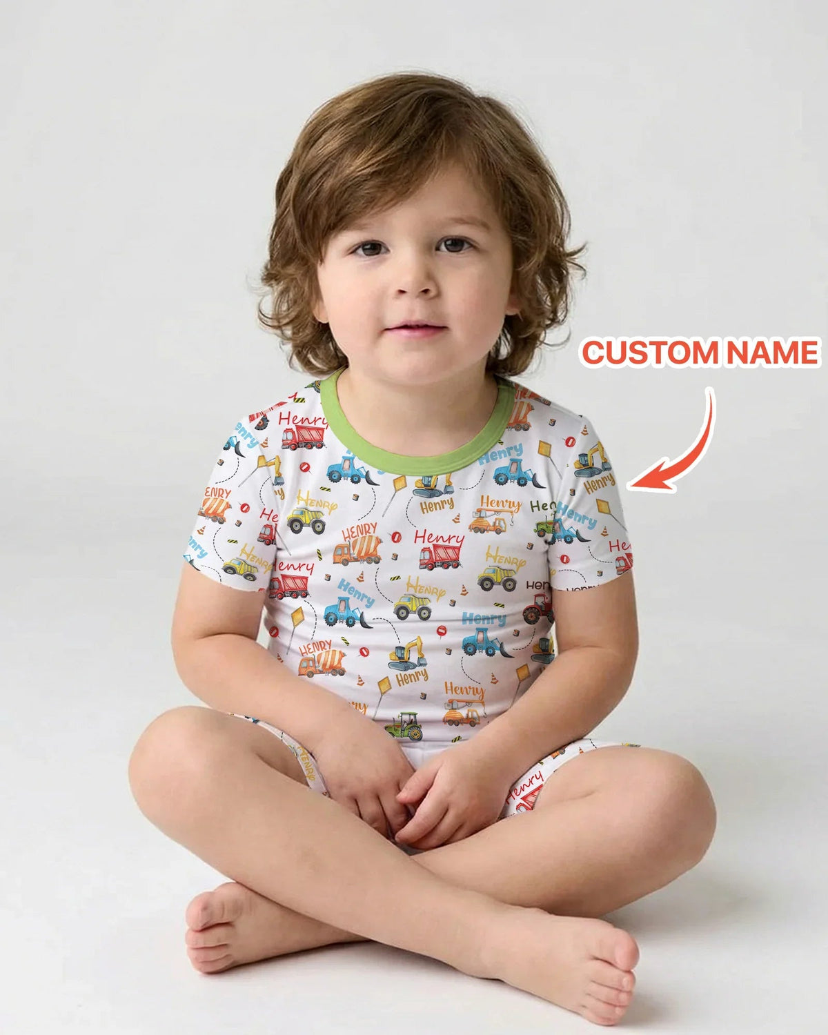 Construction Vehicles Custom Name Two Piece Short Sleeve Shorts Pajama Set