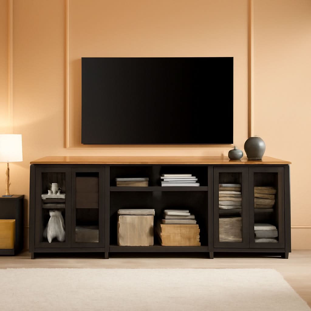 Two In One 100 Inch TV Stand Farmhouse Entertainment Center Dark Walnut And Black