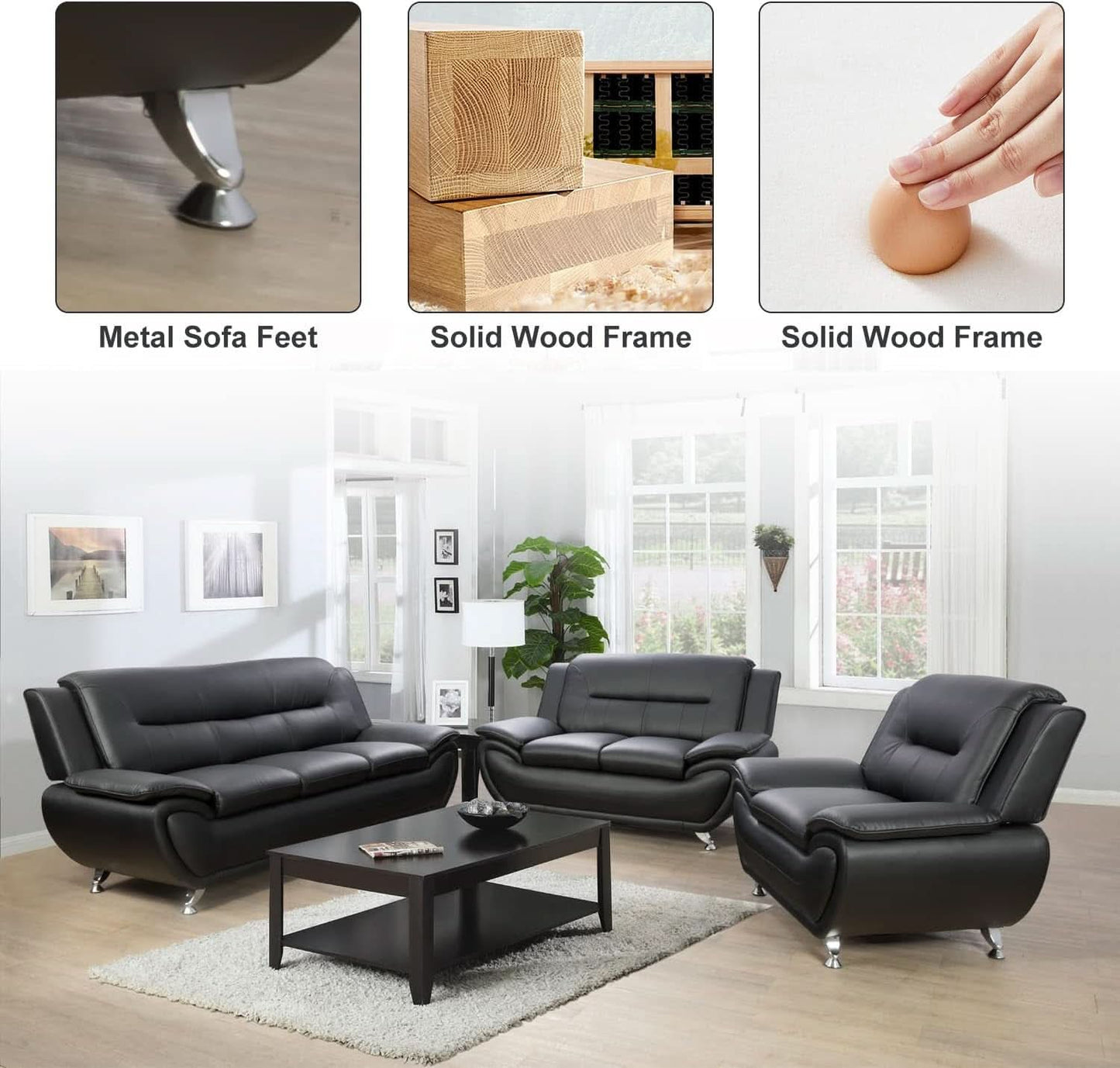 Leather Sofa and Loveseat Set for Living Room Black Leather Furniture