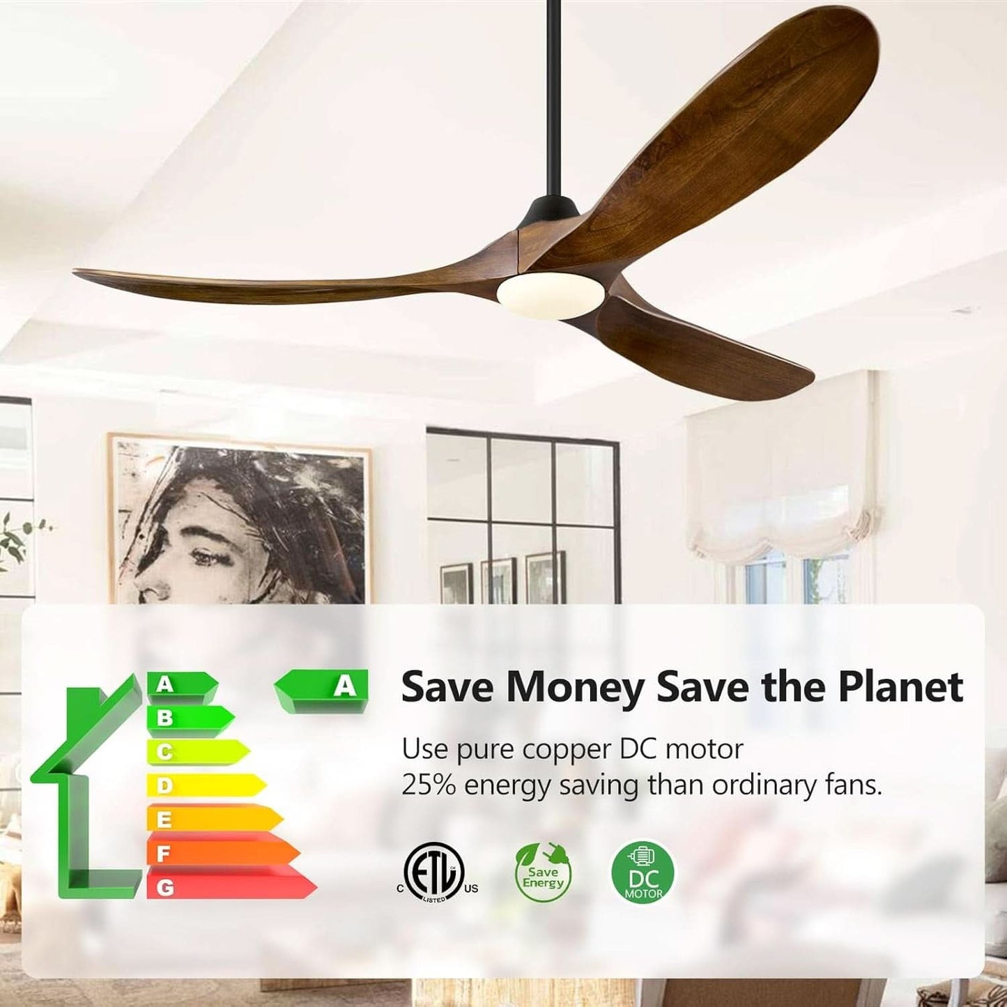 52 Inch Walnut Wood Ceiling Fan With Integrated LED Remote