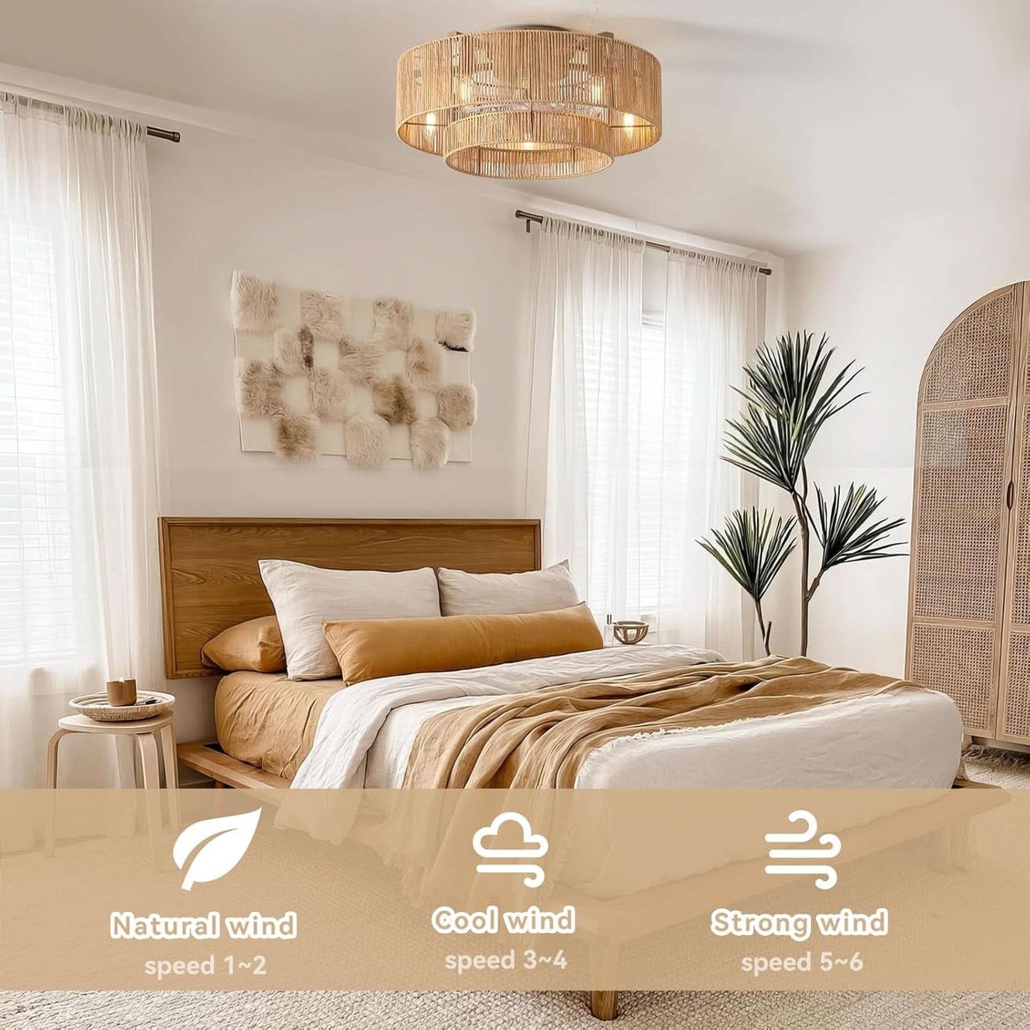 20 Inch Rattan Boho Ceiling Fan With Integrated LED Light