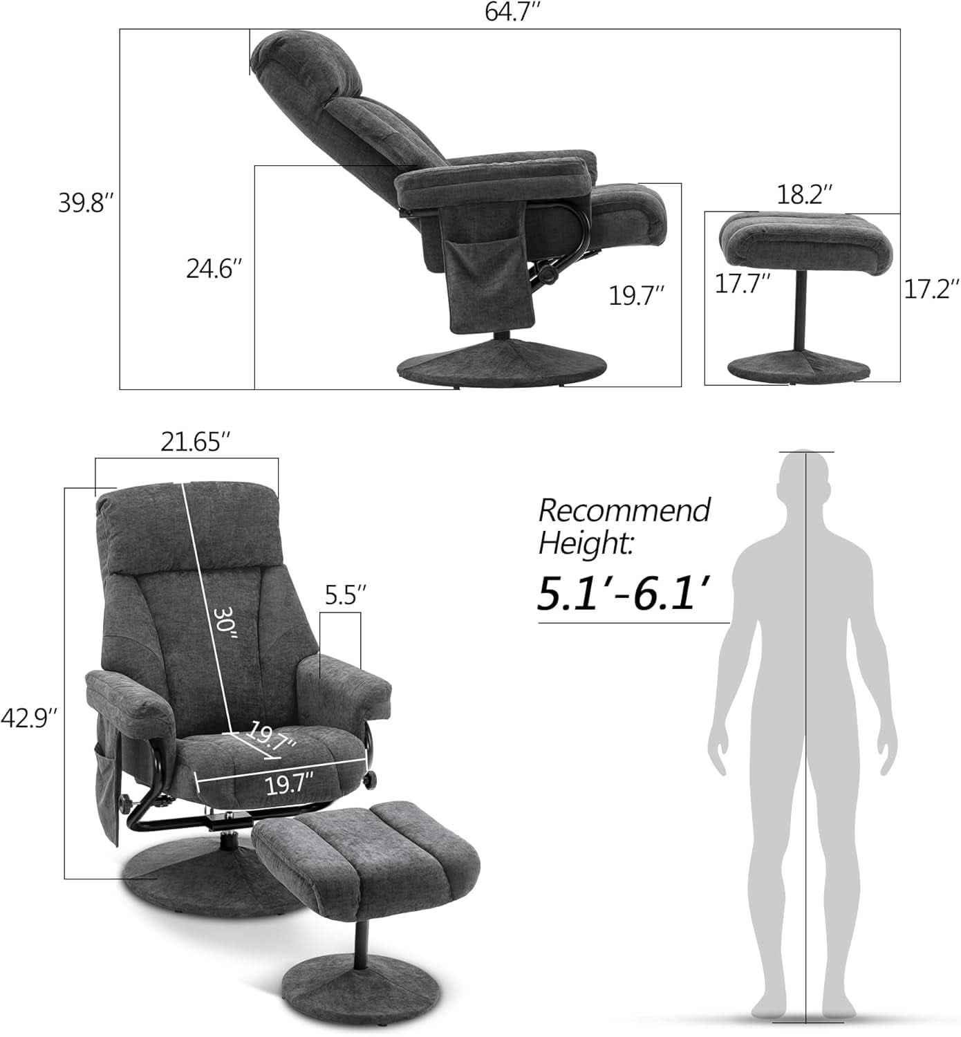 Dark Grey Swivel Recliner With Ottoman Vibration Massage