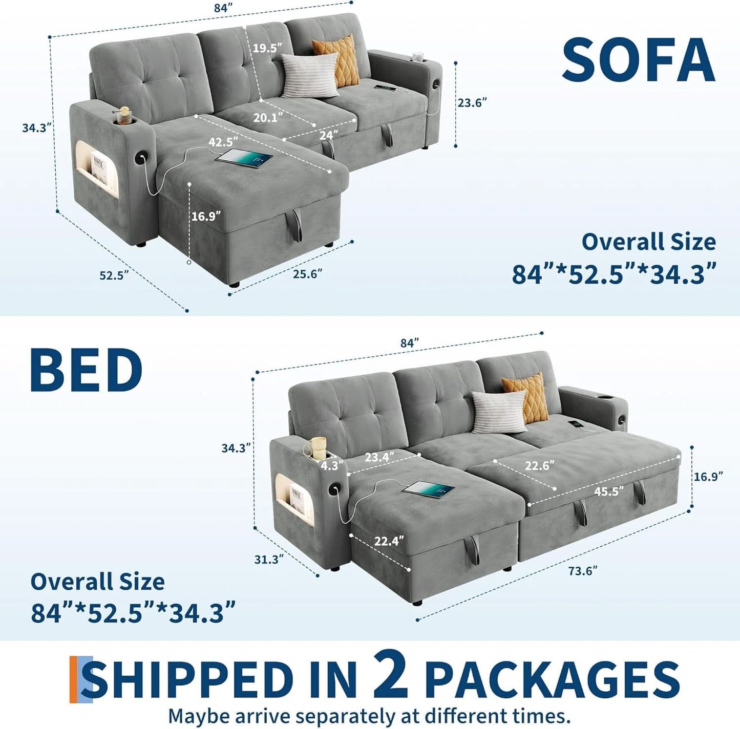 84Inch LShaped Sleeper Sofa Integrated Storage System