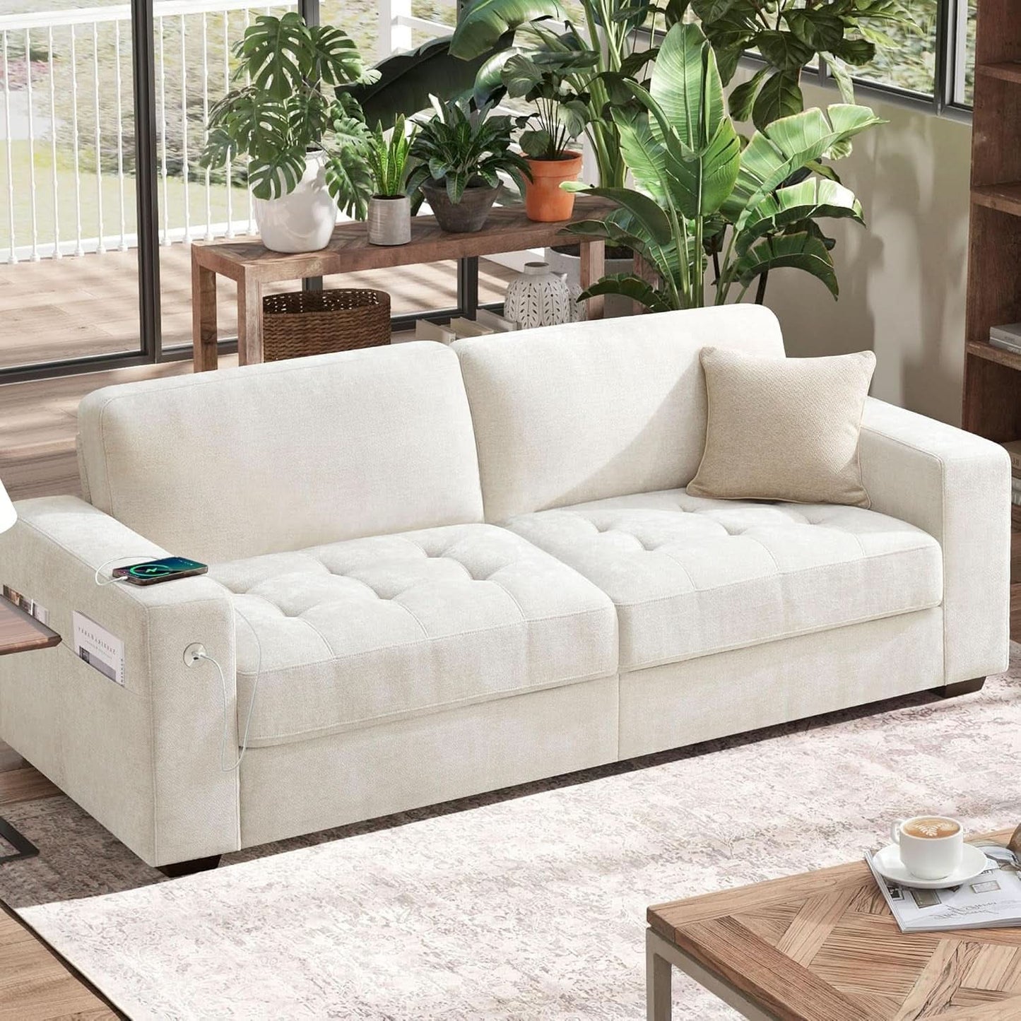 70 Inch Gray Chenille Loveseat With USB C Ports And Plush Cushions