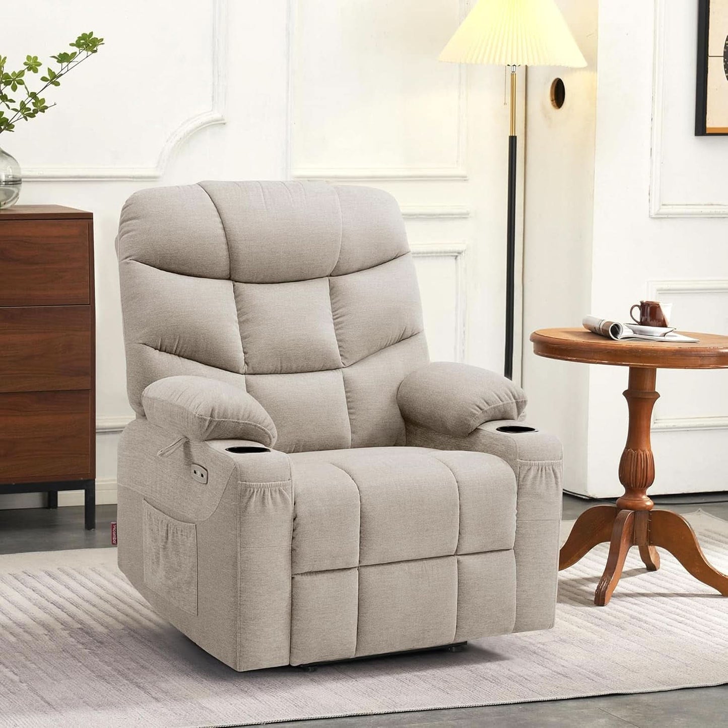 Power Lift Recliner Chair With Extended Footrest Oatmeal Fabric