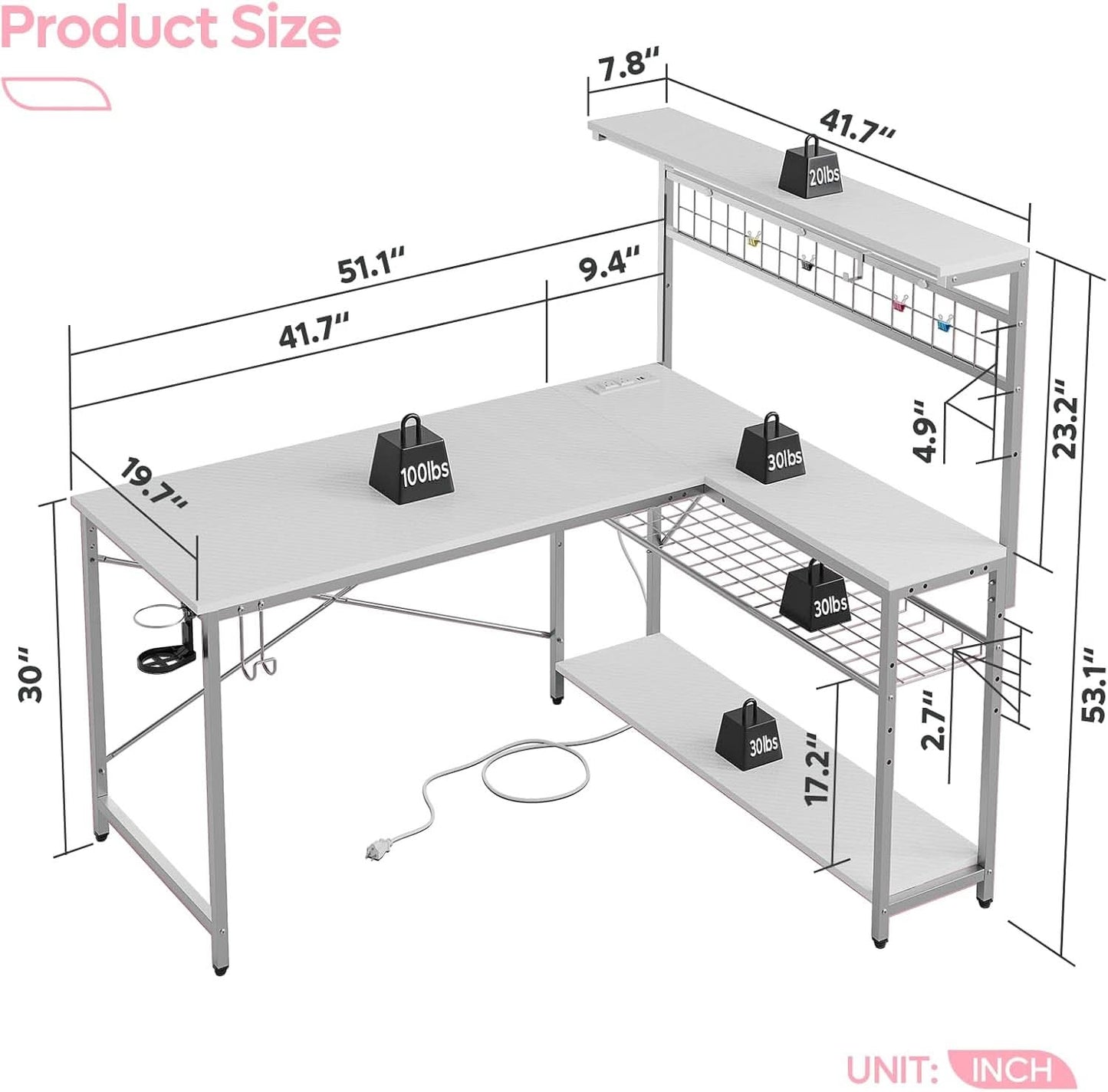 51 Inch L Shaped Gaming Desk With LED Lights And Outlets
