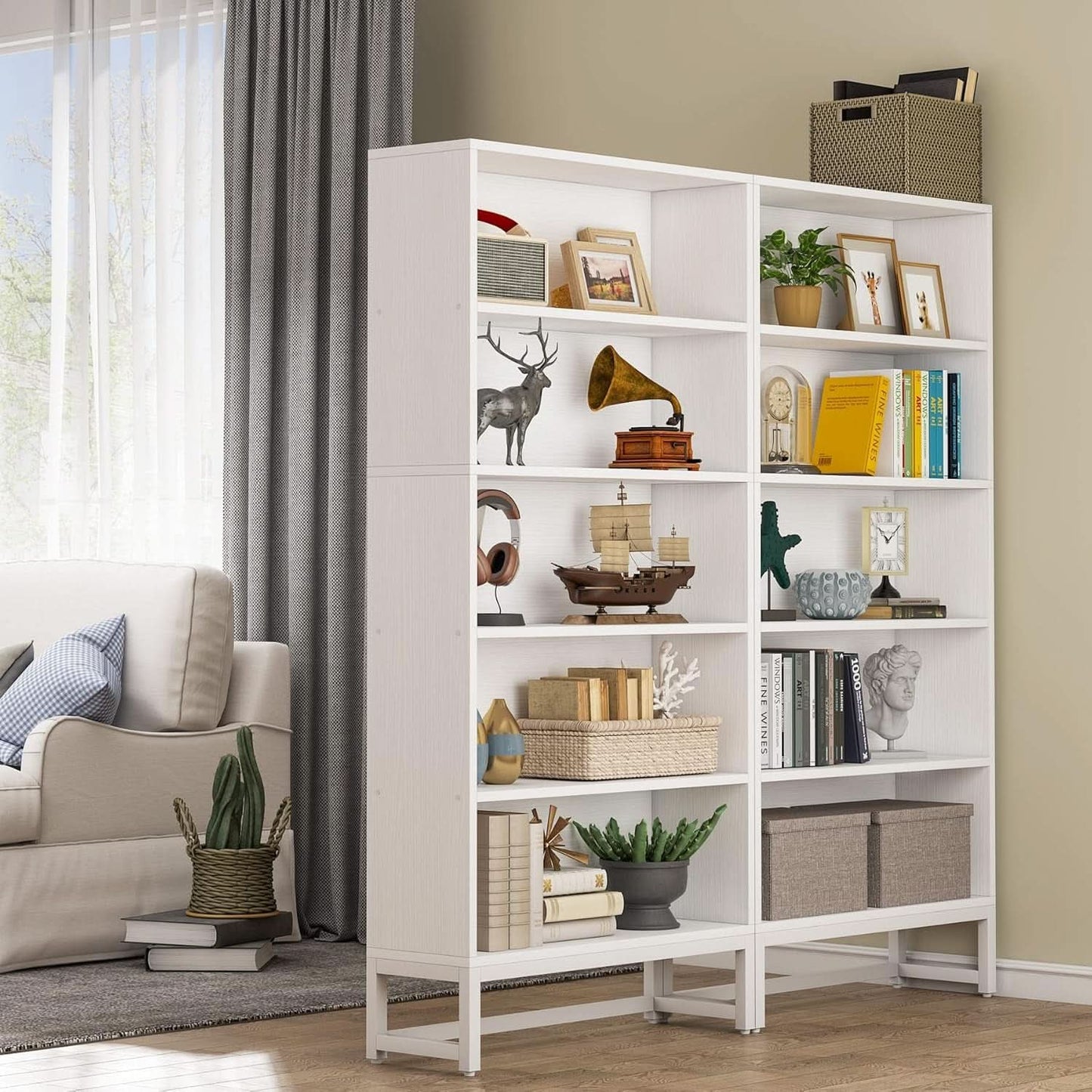 Tall 70.8 Inch Bookcase 5 Tier Heavy Freestanding White