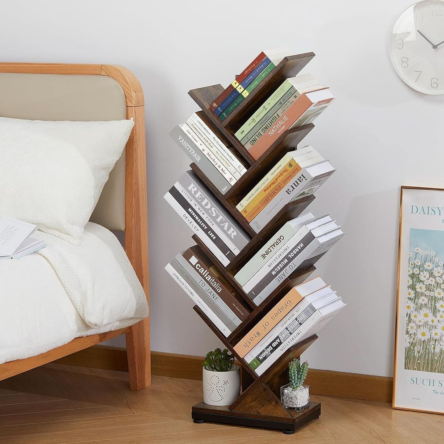 8 Tier Tree Bookshelf Floor Standing Bookcase For Books CDs Rustic Wood