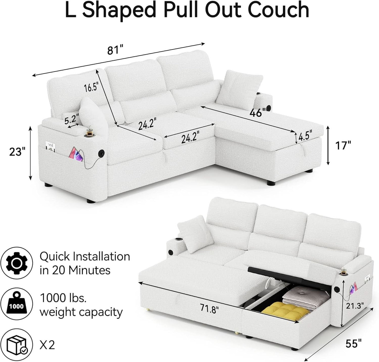 Pull Out Convertible Sofa Bed With Hidden Storage Teddy White
