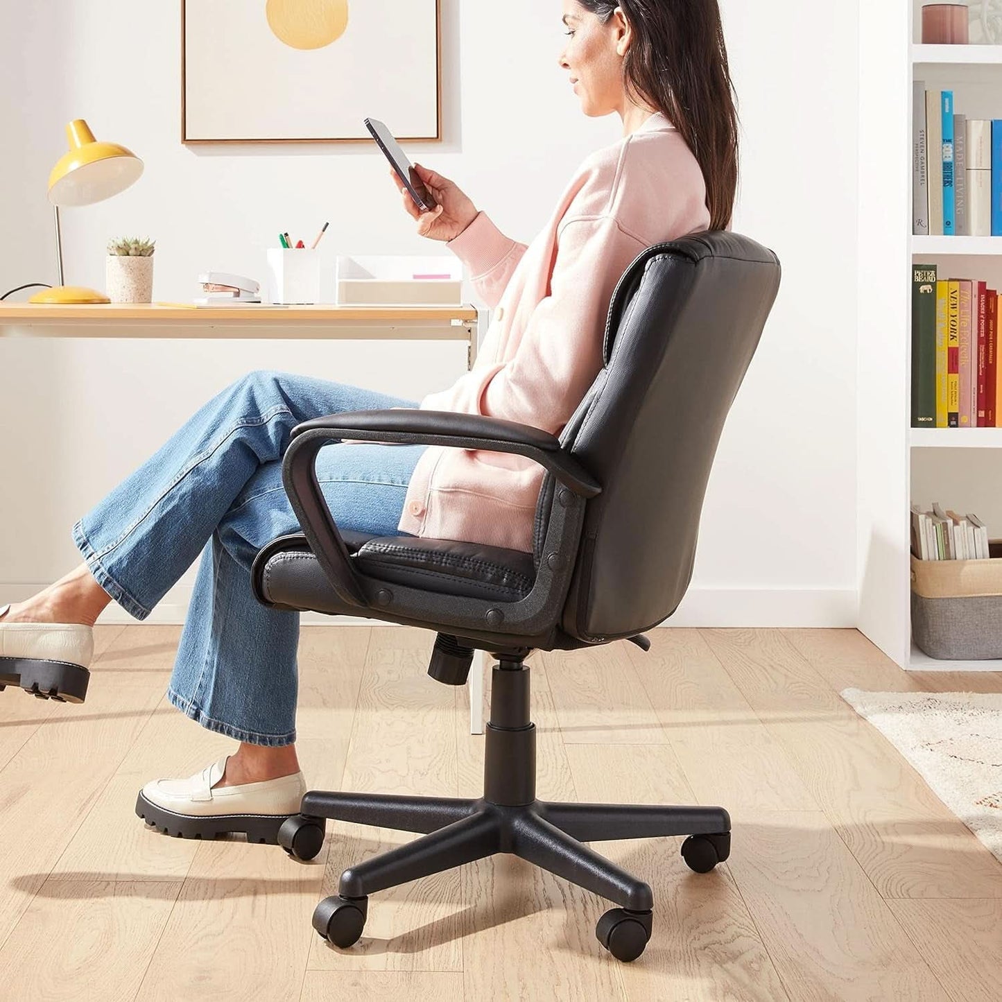 Black Office Chair With Padded Armrests Height Adjustable