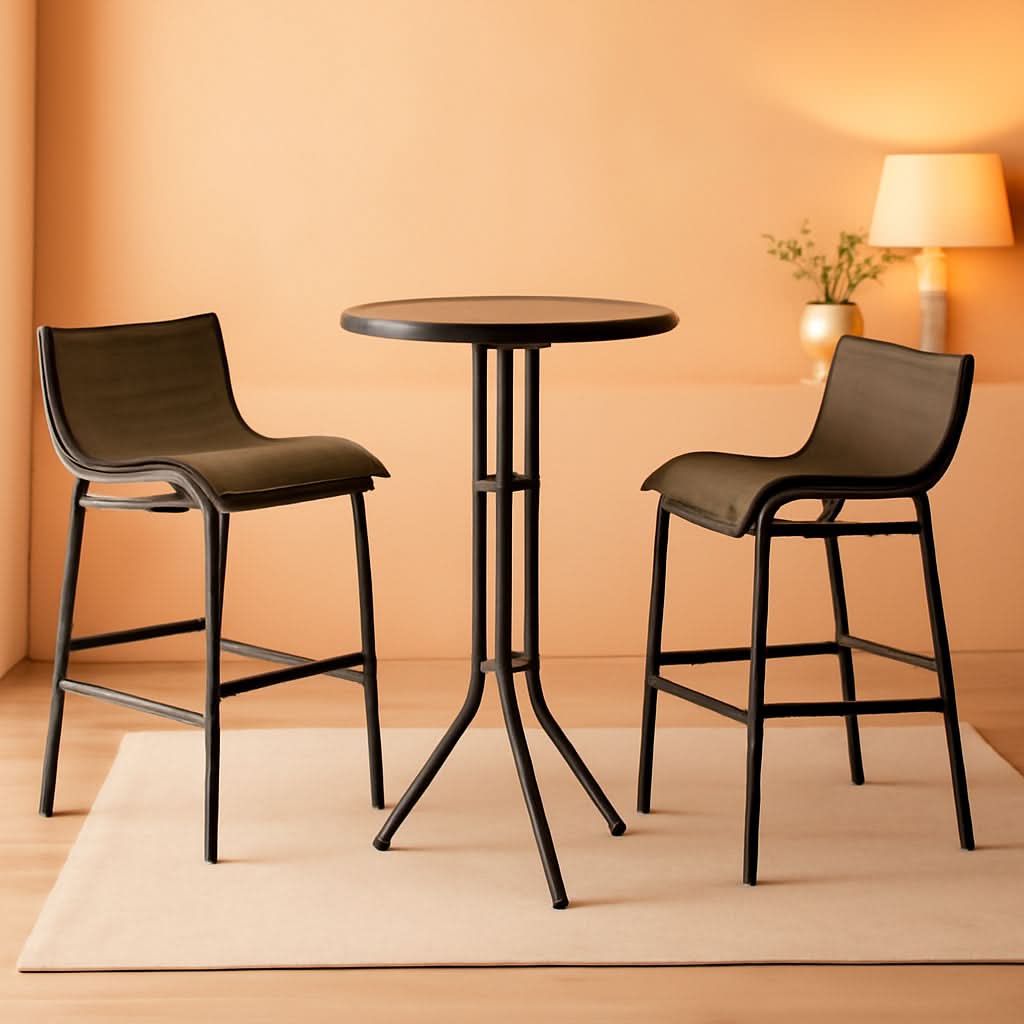 3 Piece Bar Height Outdoor Bistro Set For 2 With Tan Chairs For Outdoor Patio Use
