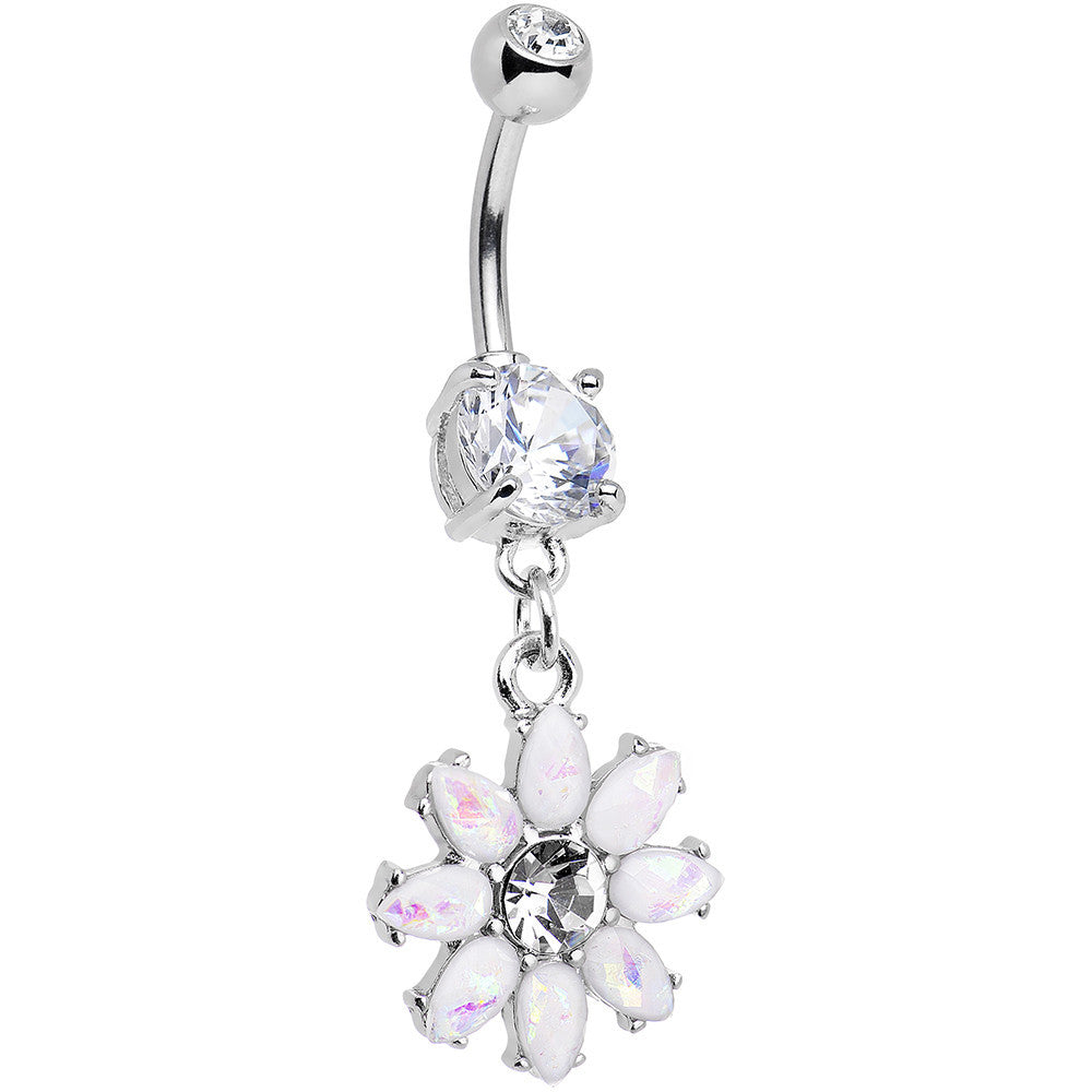 White Faux Opal Flower Power Dangle Belly Ring