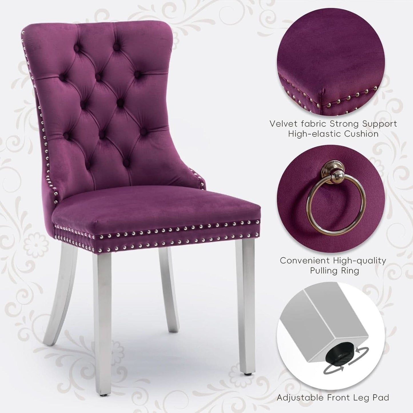 Velvet Dining Chairs Set Of 4 With Nailhead Trim And Silver Plated Legs
