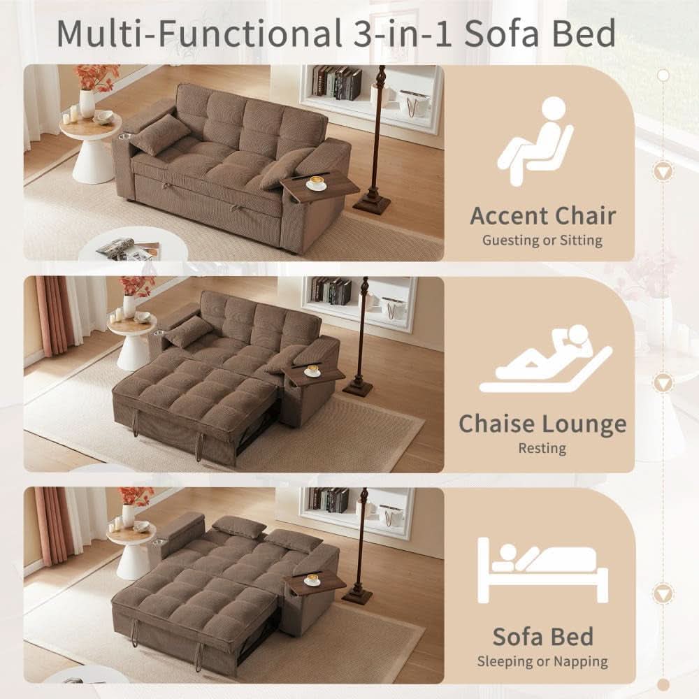 65 Inches Durable Convertible Sleeper Sofa ChocolateBrown