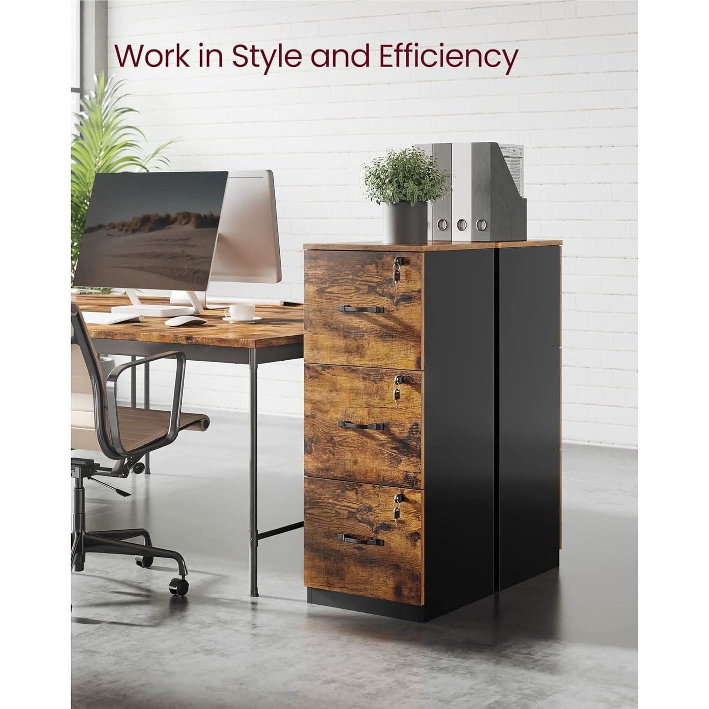 Brown Filing Cabinet With Lock And Printer Stand For Office