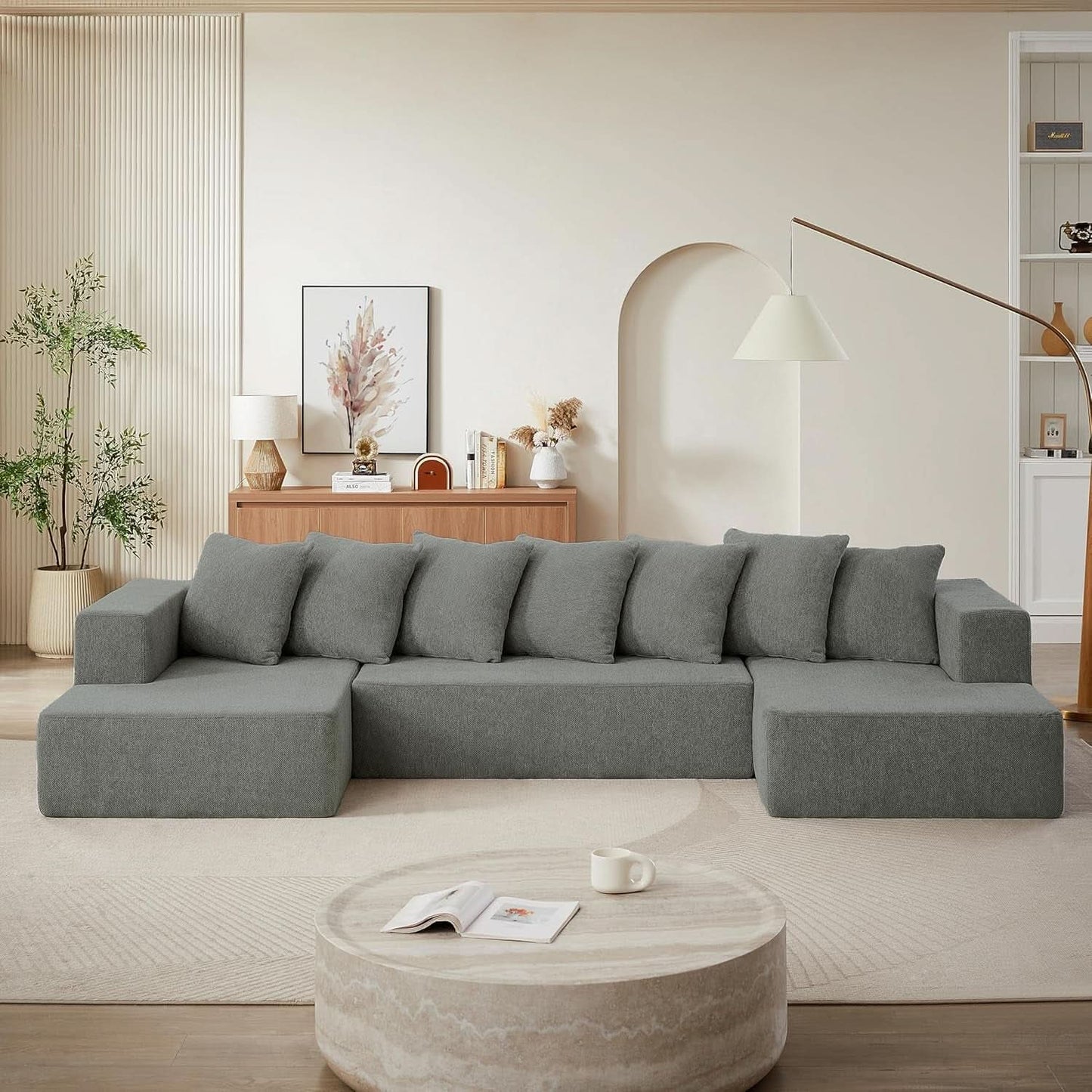 U Shaped Modular Sectional Sofa 6 Seater Grey Chenille