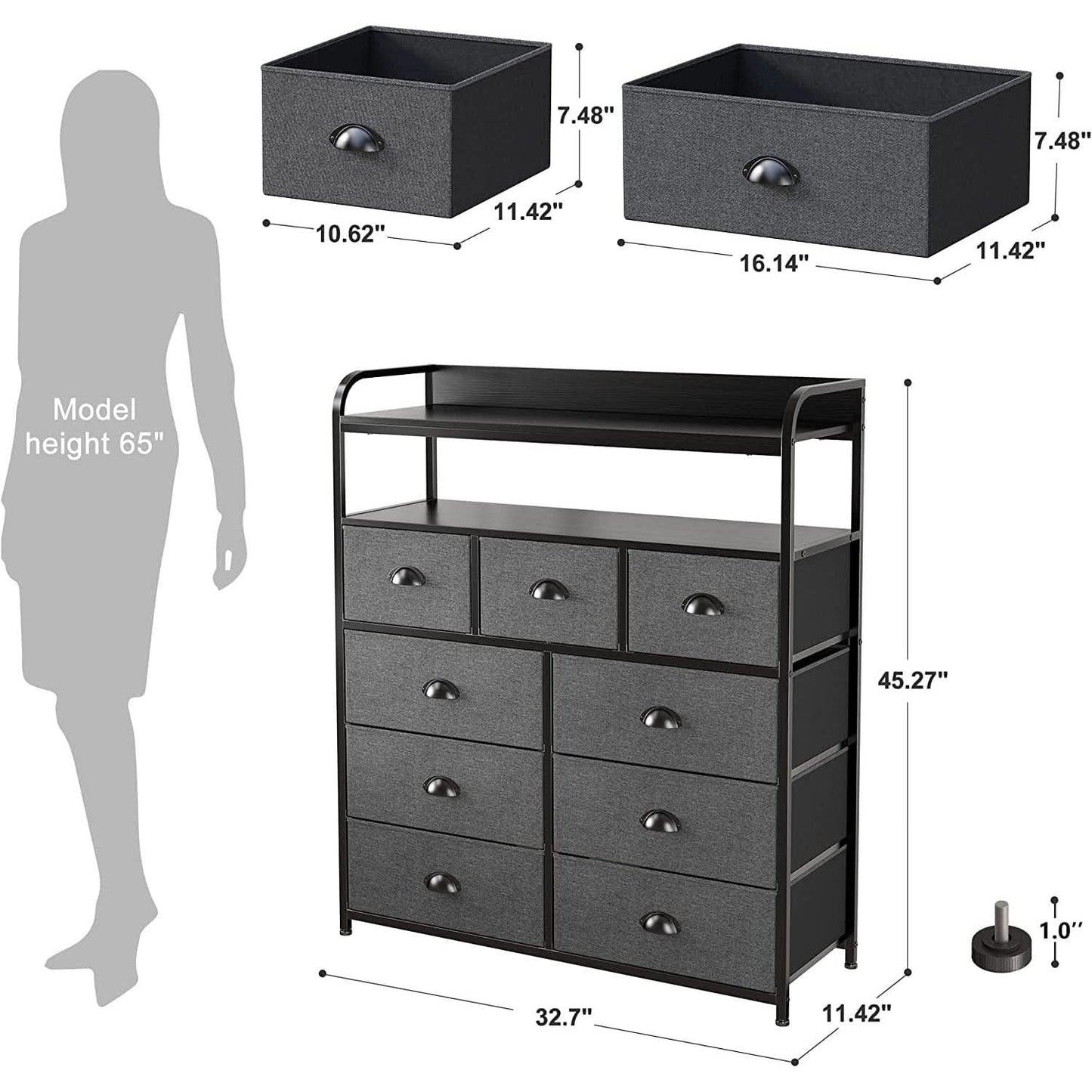 Dark Grey 9 Drawer Tall Fabric Dresser For Bedroom