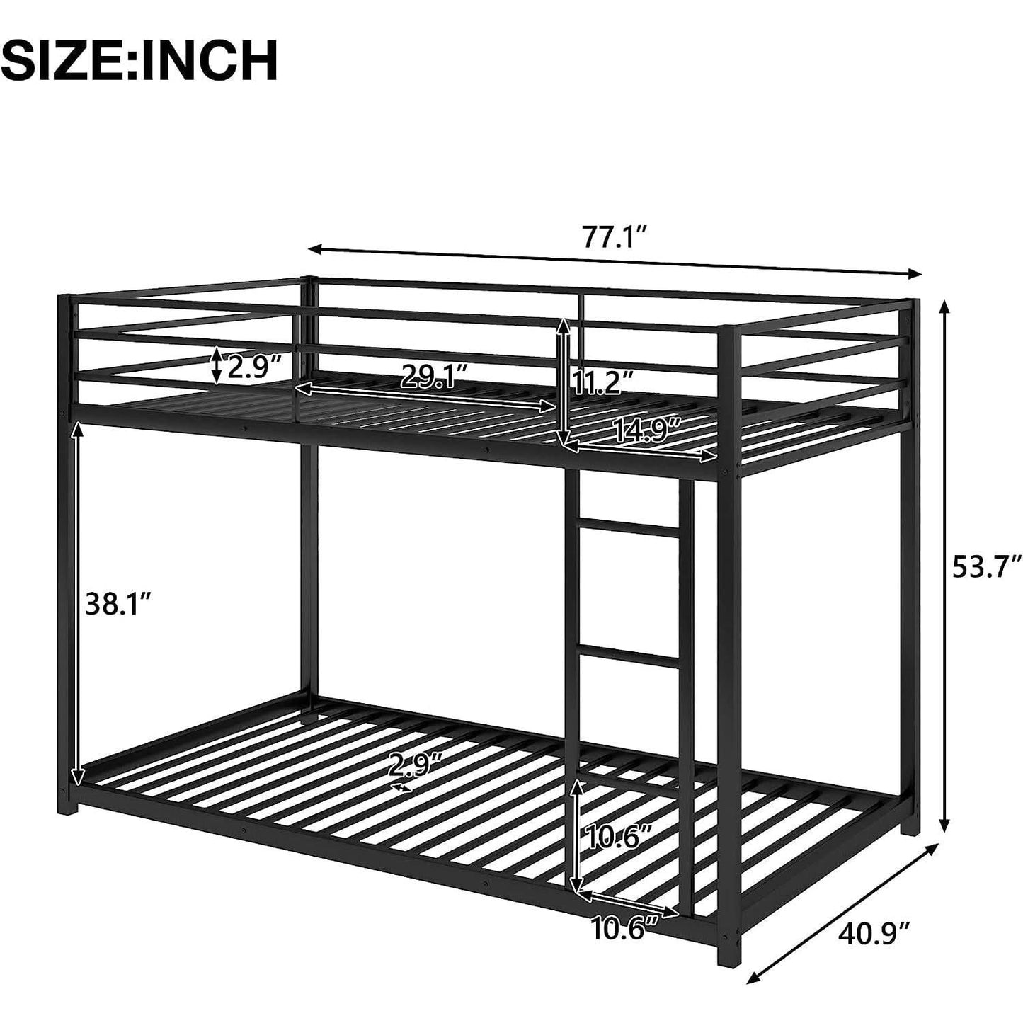 Black Twin Metal Bunk Bed With Guard Rails And Ladder