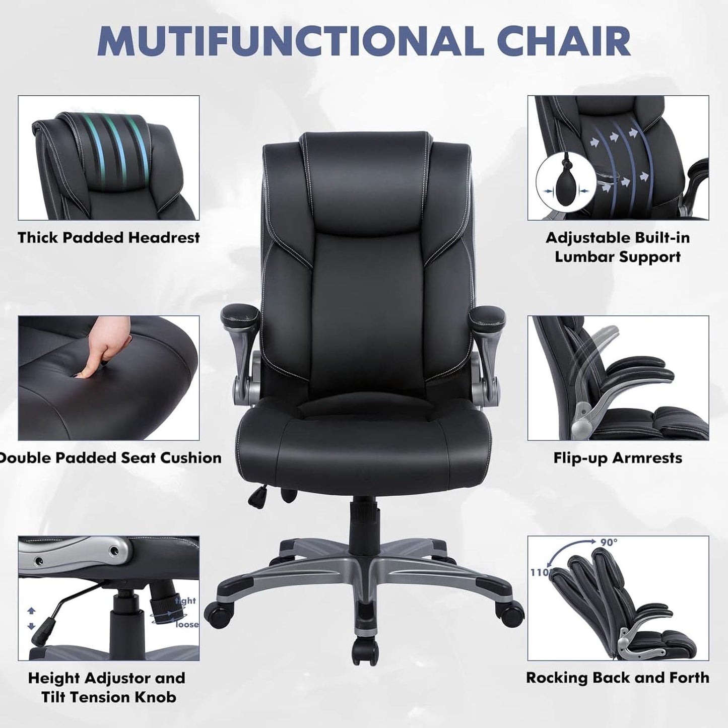 Black Leather Executive Office Chairs 2 Pack With Flip Arms