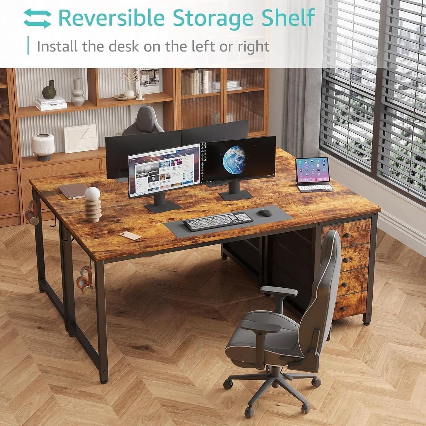 55 Inch Computer Desk With Fabric Drawers Home Office