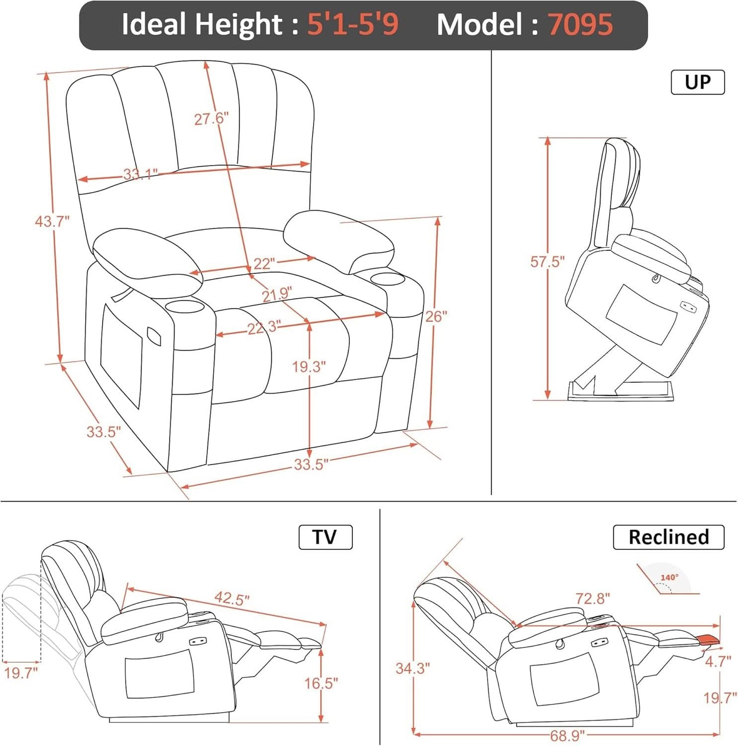 Dark Grey Power Lift Recliner With Massage And USB Charging