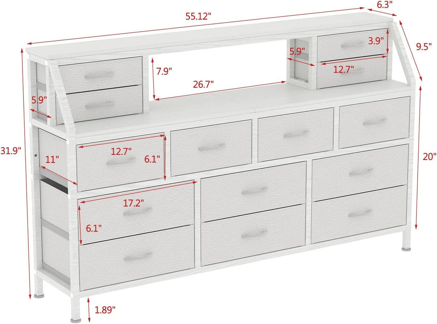 55 Inch Wide TV Stand Dresser 14 Drawers White Finish