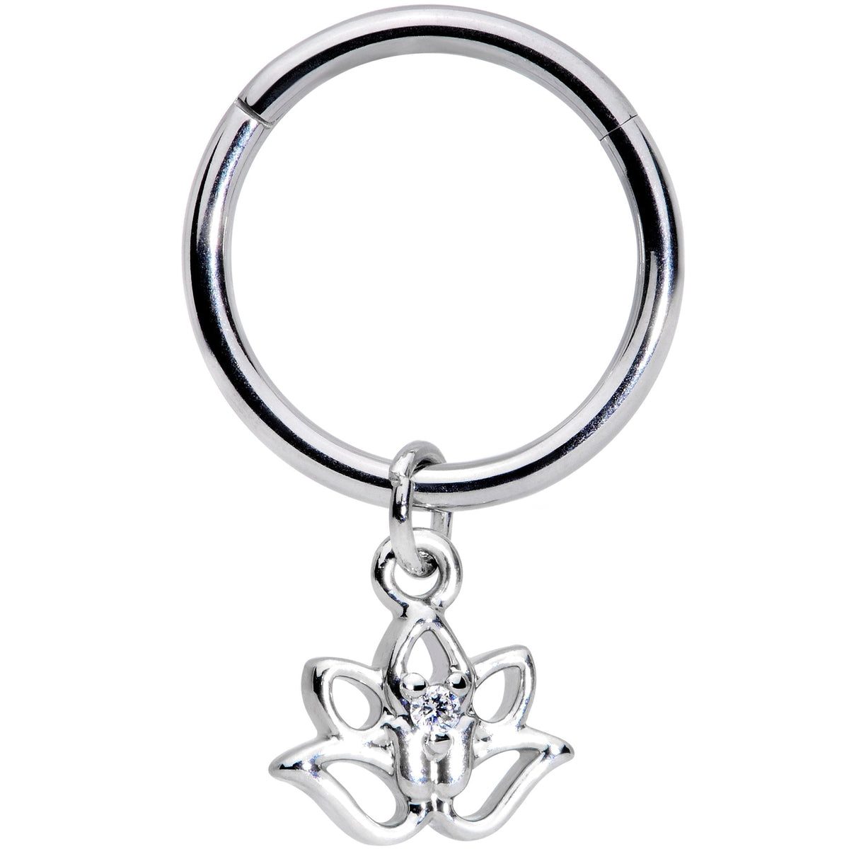 16G 3/8 Clear CZ Gem Lotus Flower Dangle Hinged Segment Ring