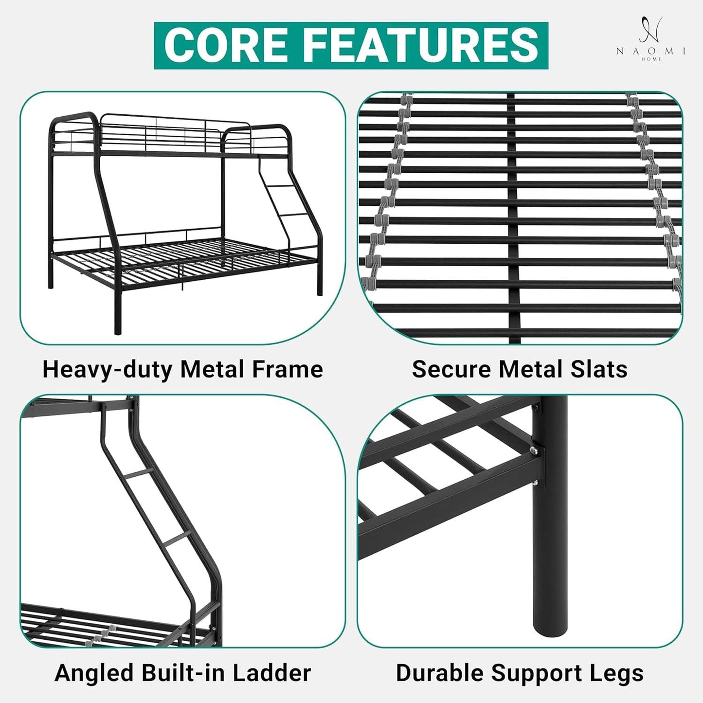 Hollywood Twin Over Full Metal Bunk Bed With Guardrails