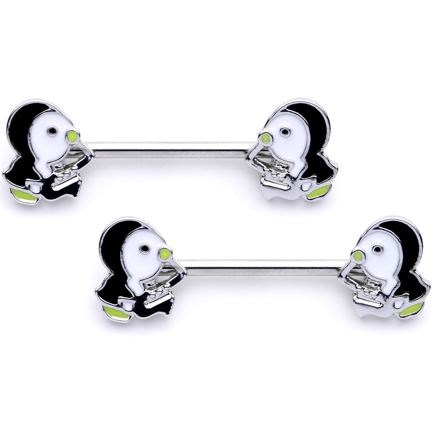 14G 9/16 1/2 Winter Penguins Horseshoe Barbell Nipple Ring Set