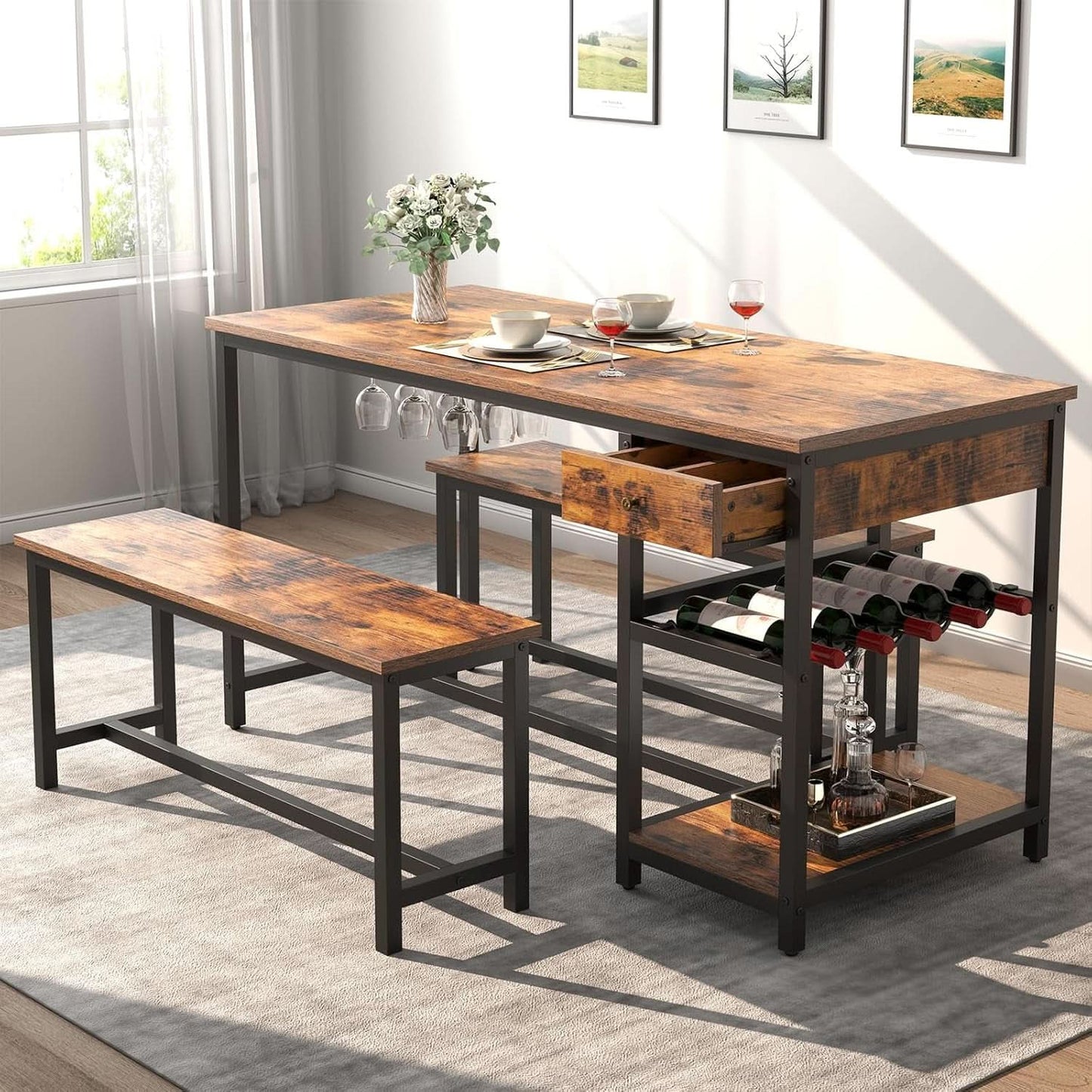 Rustic Dining Table Set For 4 To 6 With Storage Drawer