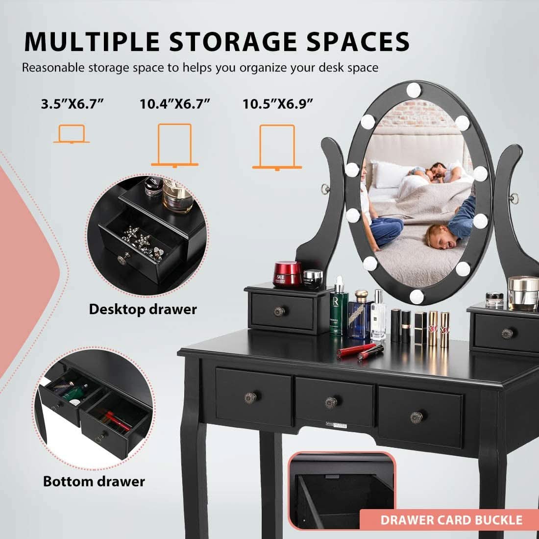 Three Color Dimmable LED Lighted Vanity Mirror Set With Built In Storage For Makeup Station