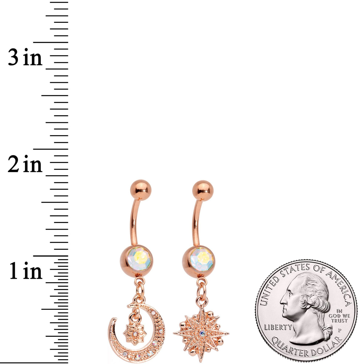 Aurora Gem Rose Gold Tone Celestial Star Moon Dangle Belly Ring Set
