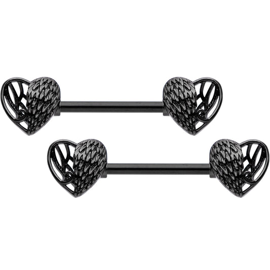 14G 9/16 Black Angels Wings Barbell Nipple Ring Set