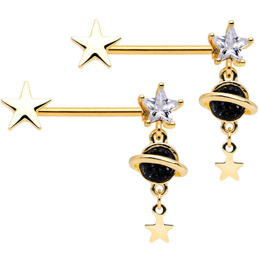 14G 9/16 Clear CZ Gem Gold Tone Saturn Barbell Nipple Ring Set
