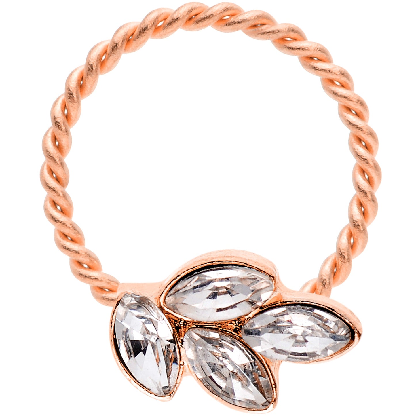 16G 3/8 Clear Gem Rose Gold Tone Leaves Twisted BCR Captive Ring