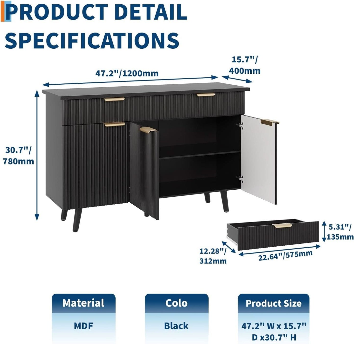 47In Black Sideboard Buffet Cabinet With Adjustable Shelves