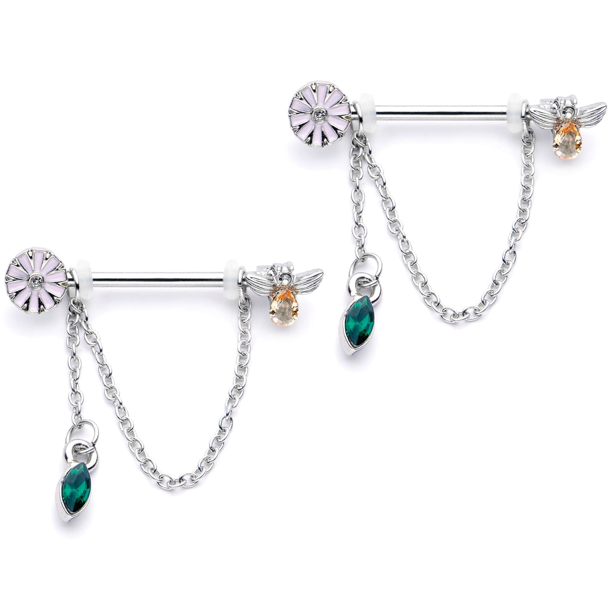 14G 5/8 Green Yellow Gem Flower Bee Dangle Nipple Ring Set