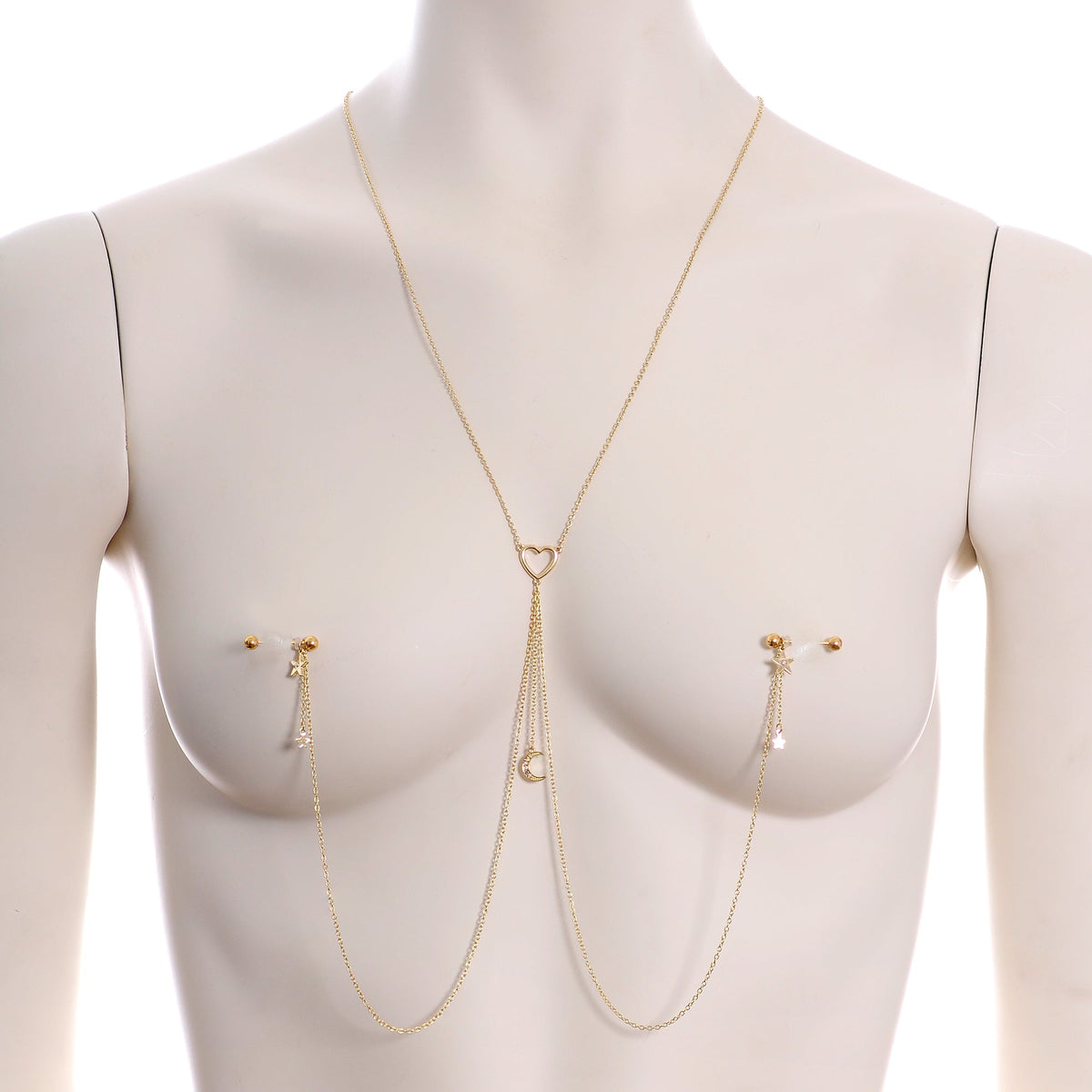14G 5/8 Aurora Gem Gold Tone Heart Star Nipple Chain Necklace