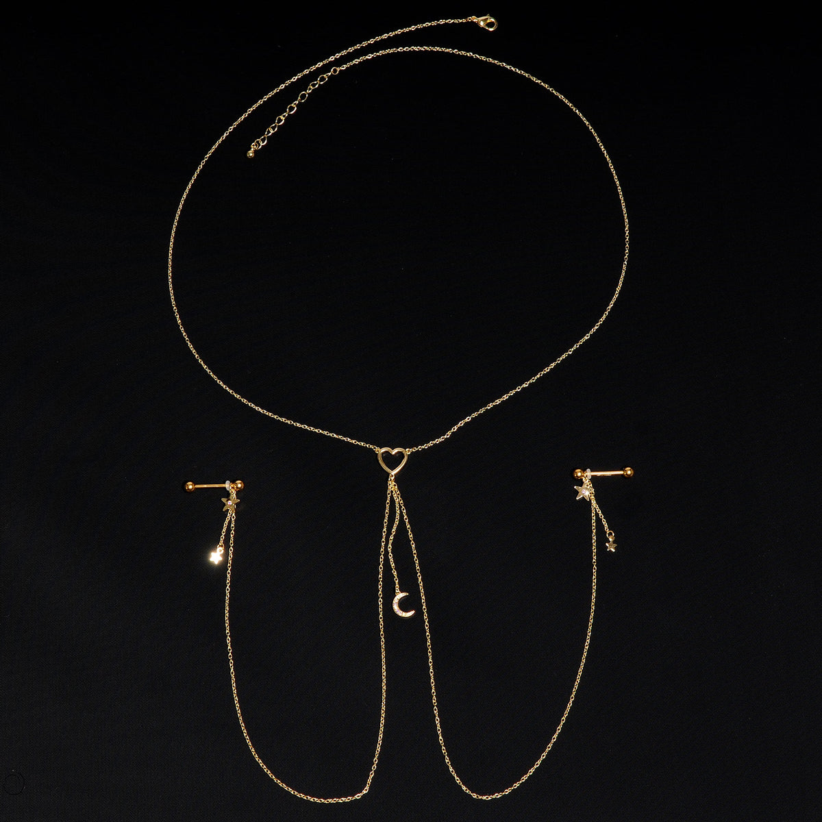 14G 5/8 Aurora Gem Gold Tone Heart Star Nipple Chain Necklace