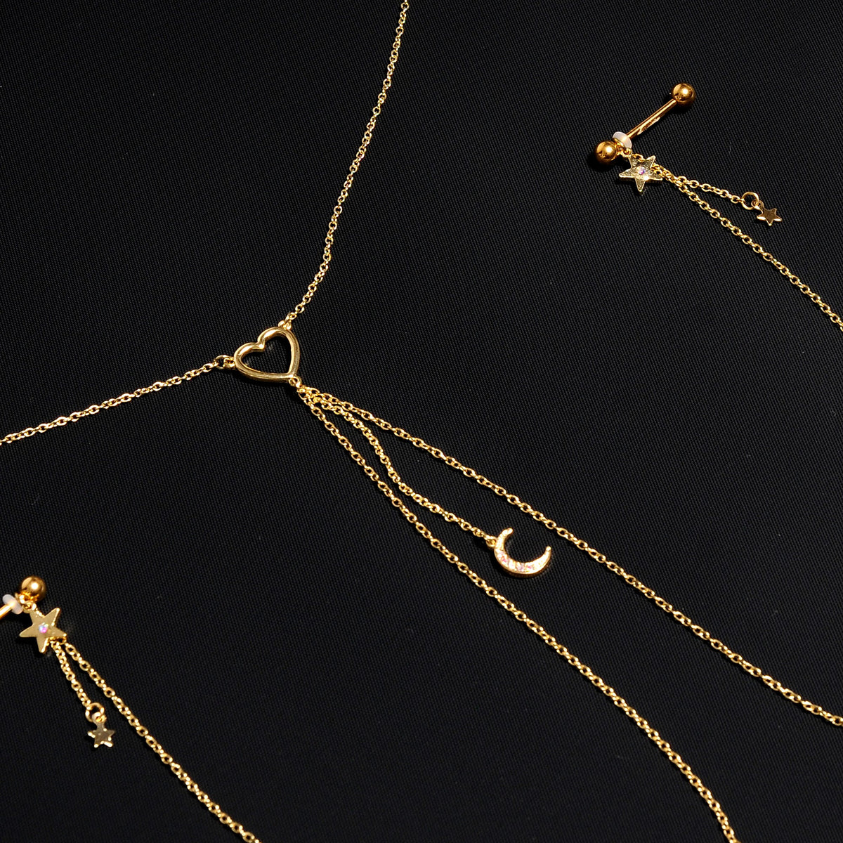 14G 5/8 Aurora Gem Gold Tone Heart Star Nipple Chain Necklace