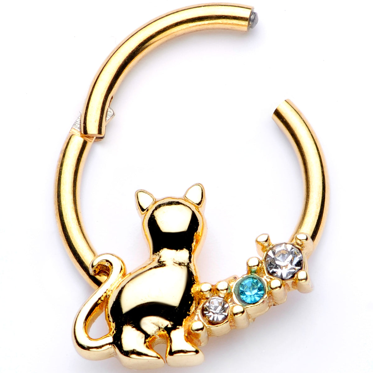 16G 3/8 Blue Clear Gem Gold Tone Cat Hinged Segment Ring