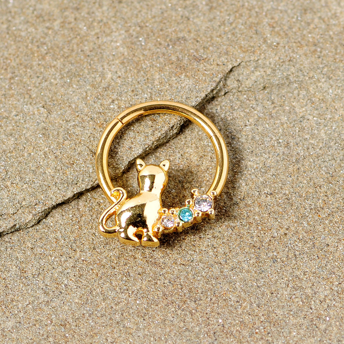 16G 3/8 Blue Clear Gem Gold Tone Cat Hinged Segment Ring