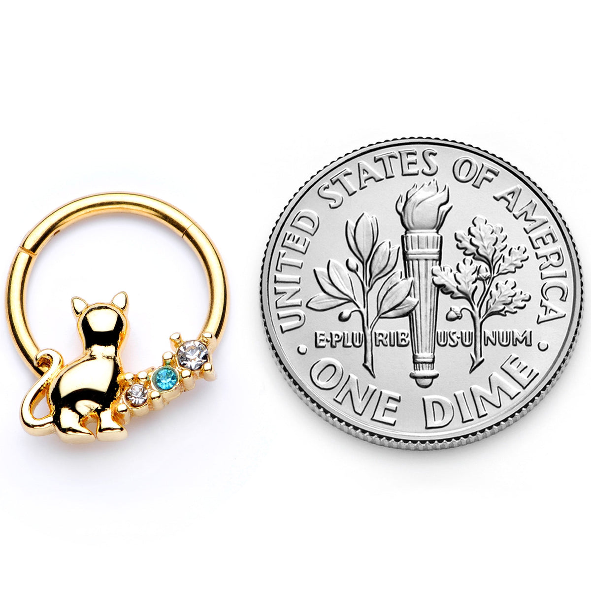 16G 3/8 Blue Clear Gem Gold Tone Cat Hinged Segment Ring