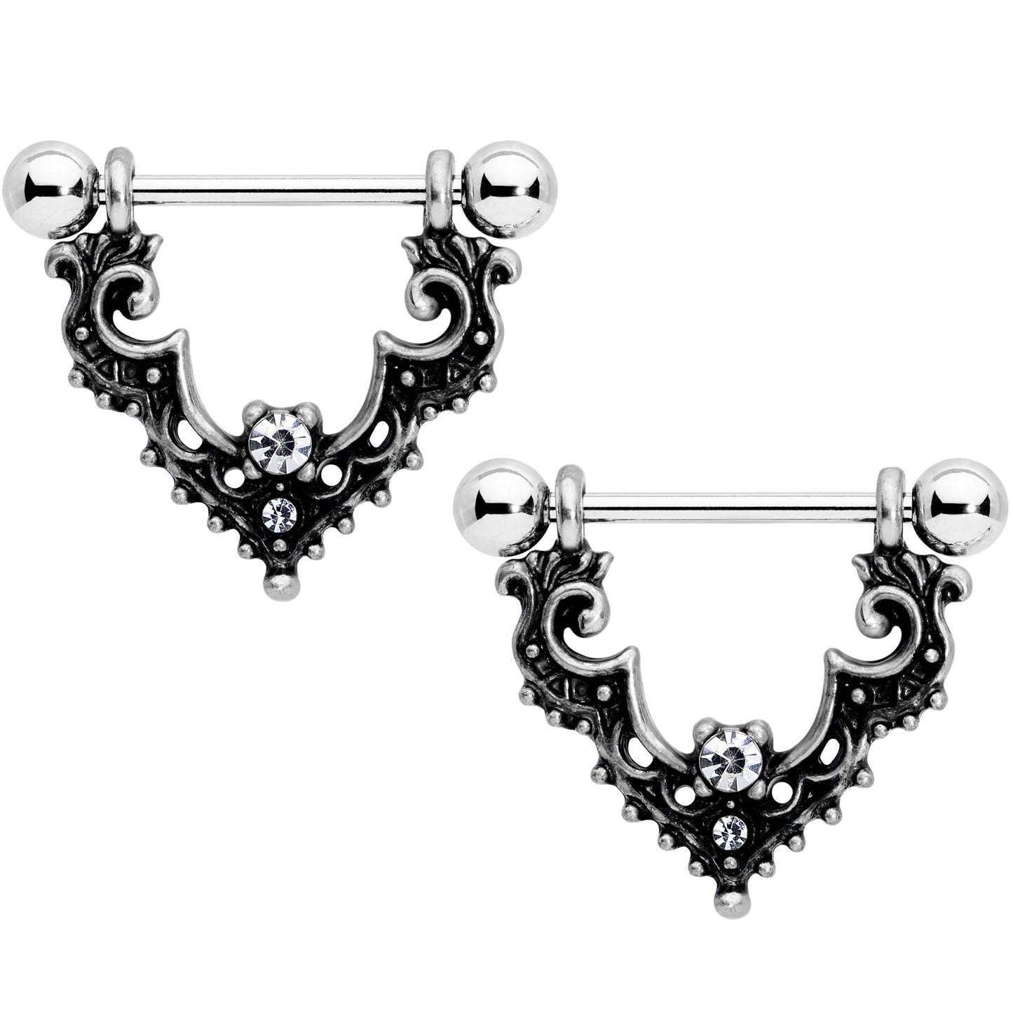 14G 9/16 Clear Gem Baroque Bat Nipple Shield Set