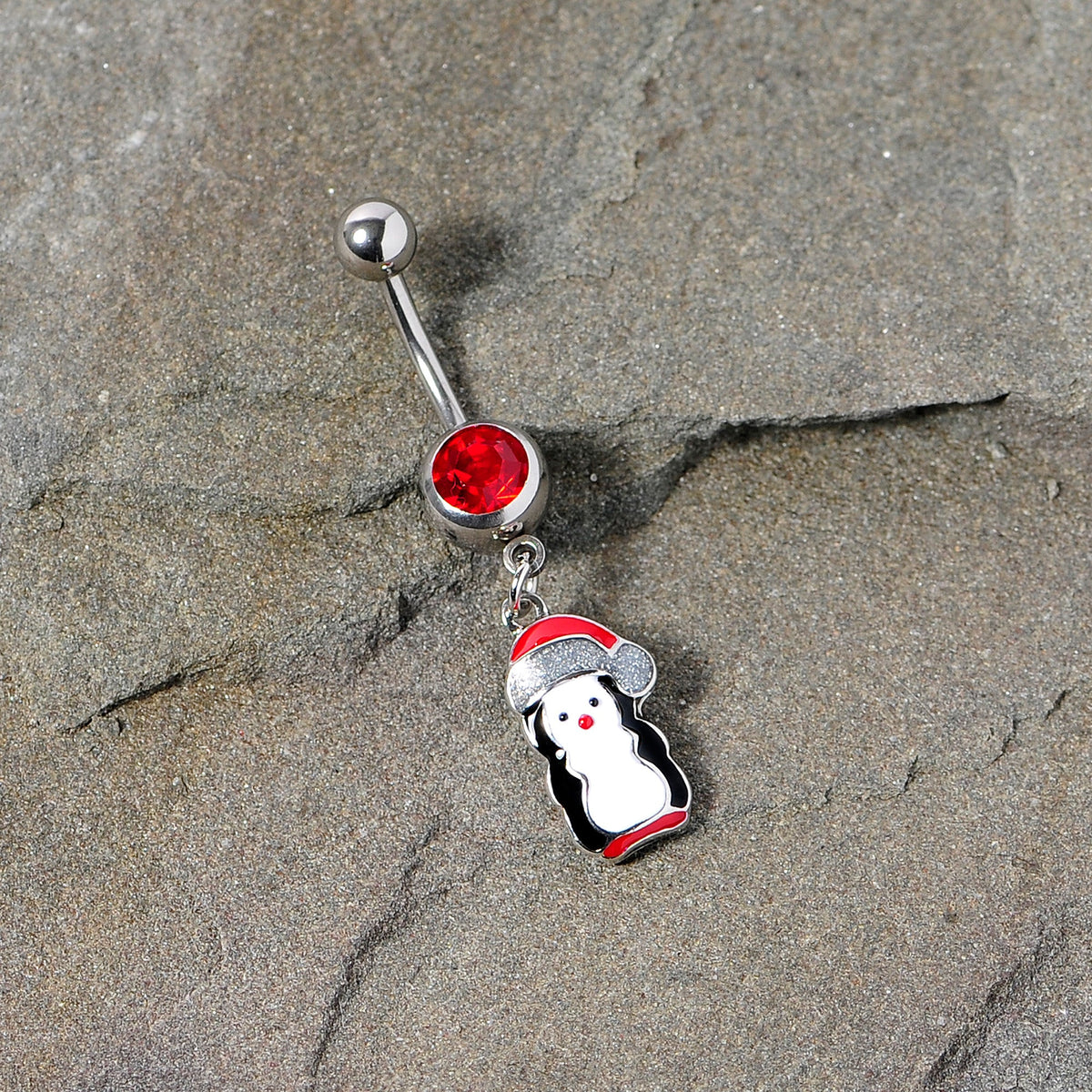 Red Gem Holiday Penguin Christmas Dangle Belly Ring
