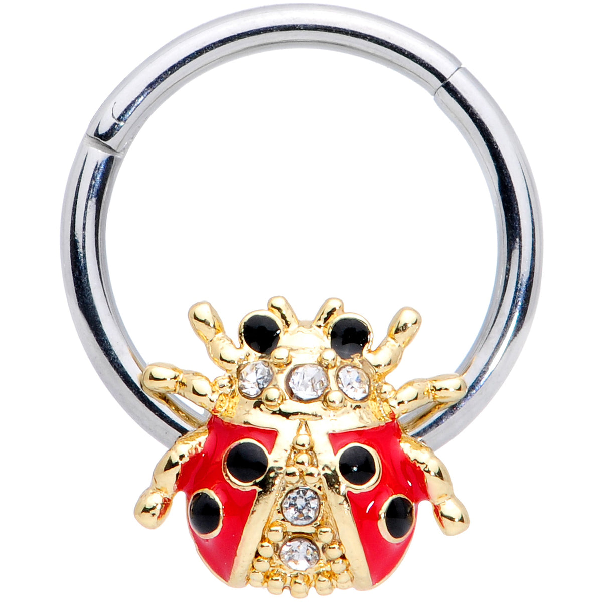16G 3/8 Clear Gem Red Black Ladybug Hinged Segment Ring