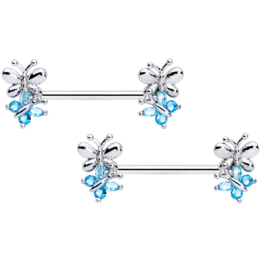 14G 5/8 Aqua CZ Gem Butterfly Barbell Nipple Set