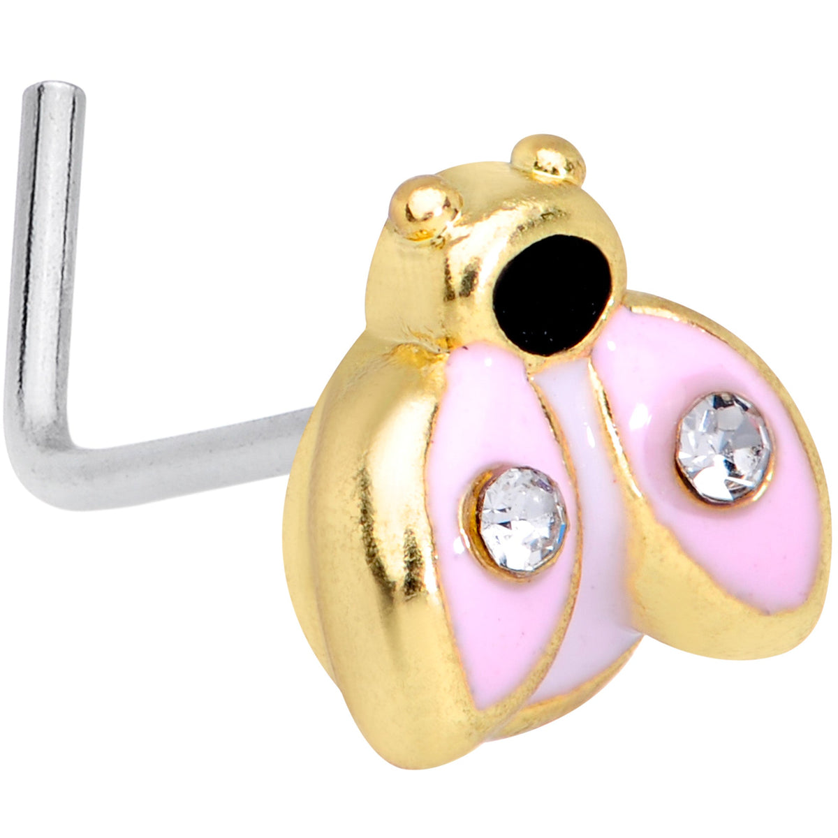 20G 5/16 Clear Black Gem Pink Ladybug L Shaped Nose Ring